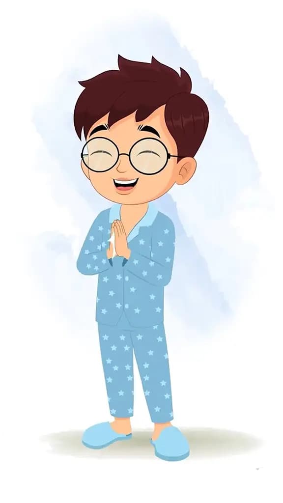 A boy in night dress clapping animated cartoon character aka harry