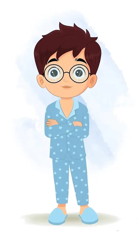 A boy in night dress standing with cross hand and talking animated cartoon character aka harry