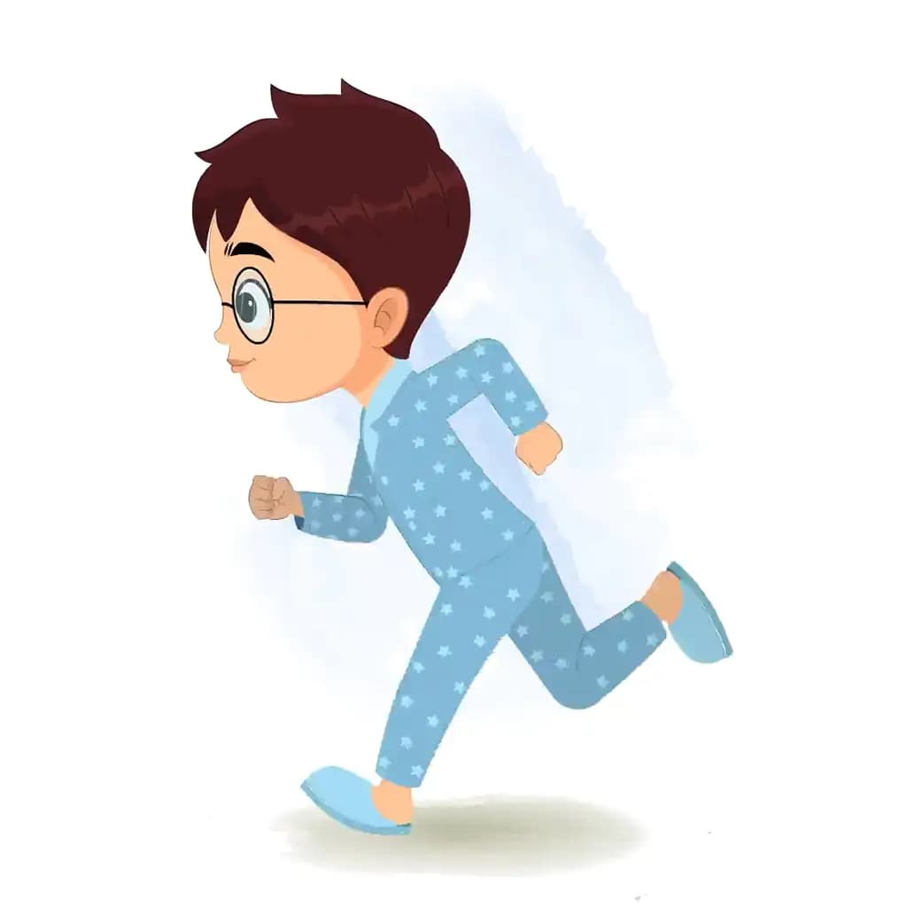 A boy in night dress running fast side view animated cartoon character aka harry