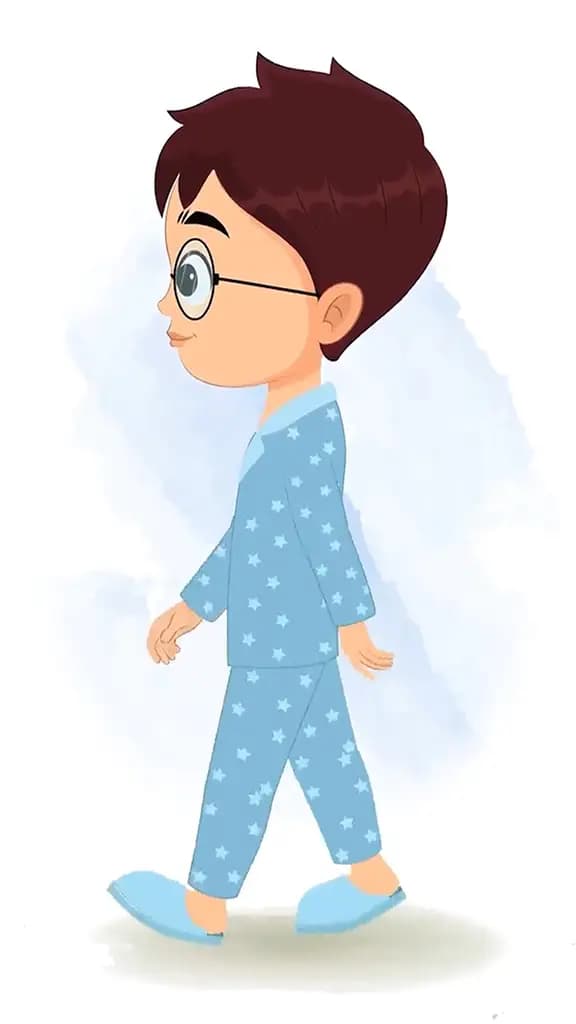 A boy in night dress walking side view animated cartoon character aka harry