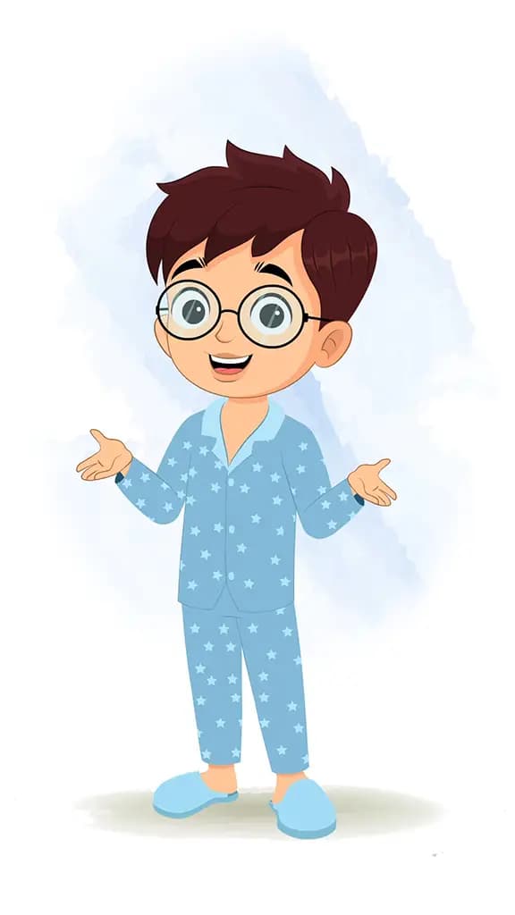 A boy in night dress talking animated cartoon character aka harry 3/4