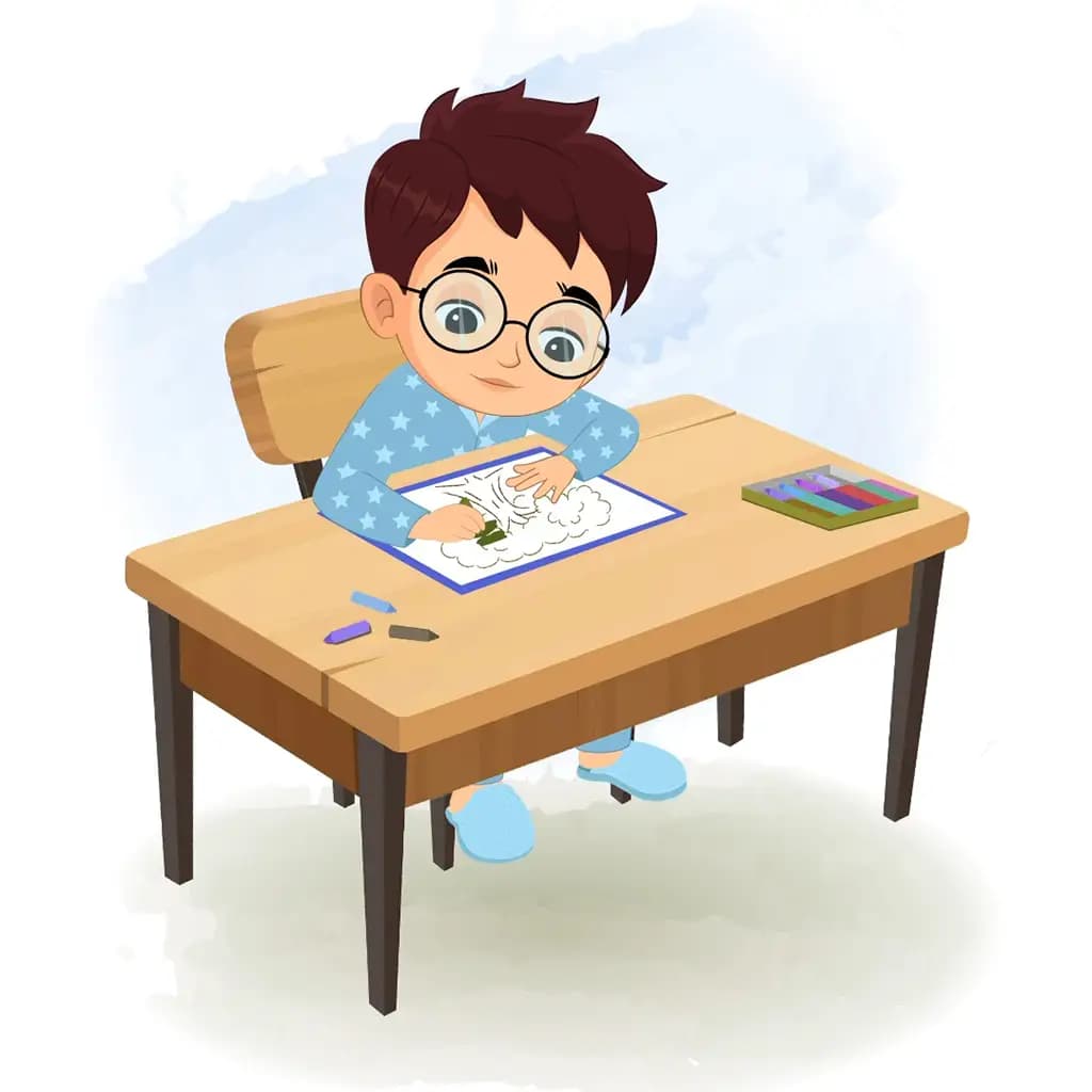 A boy in night dress is sitting at a table with some crayons and colouring on the paper aka harry