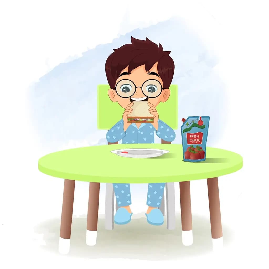 A boy in night dress animated cartoon character sitting at a table and eating a sandwich aka harry