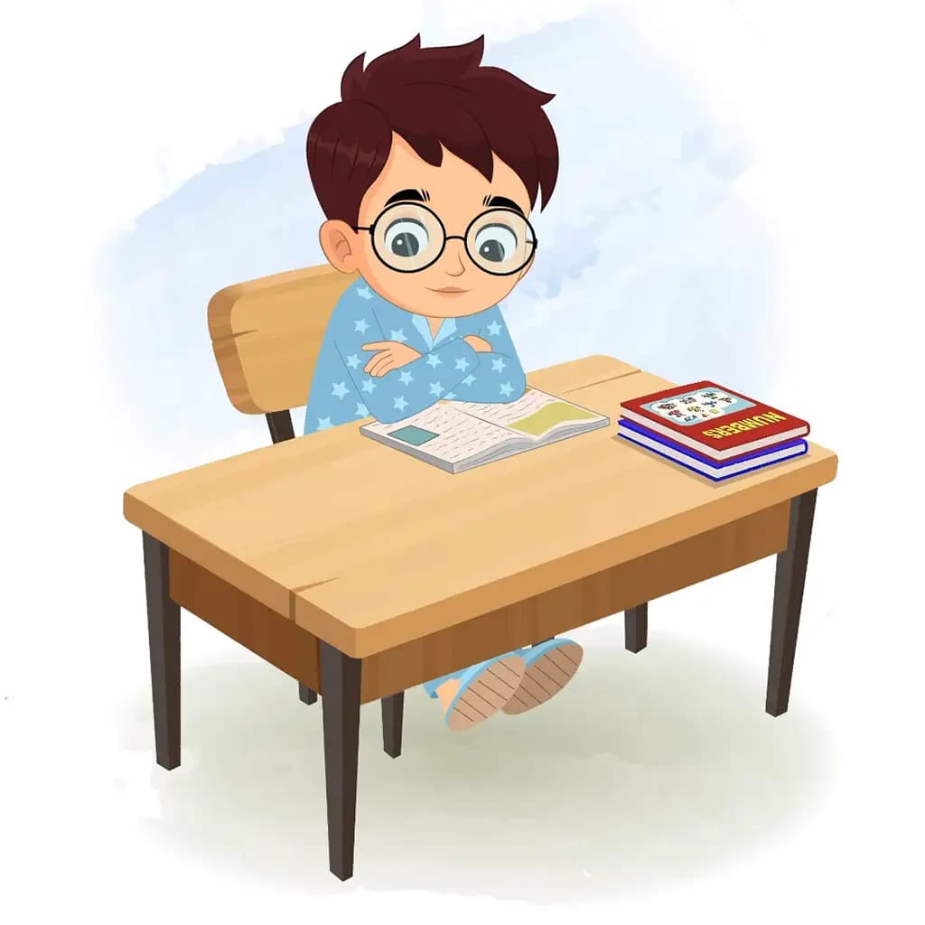 A boy in night dress reading a book and sitting on the table animated cartoon character aka harry