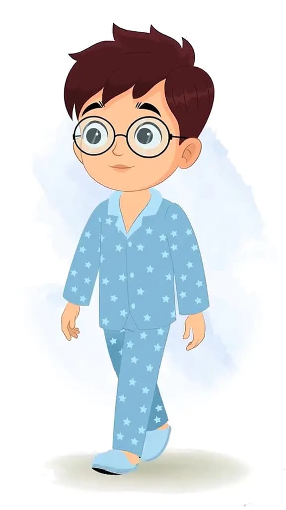 A boy in night dress 3/4 front view/three quarter view walking animated cartoon character aka harry 3/4