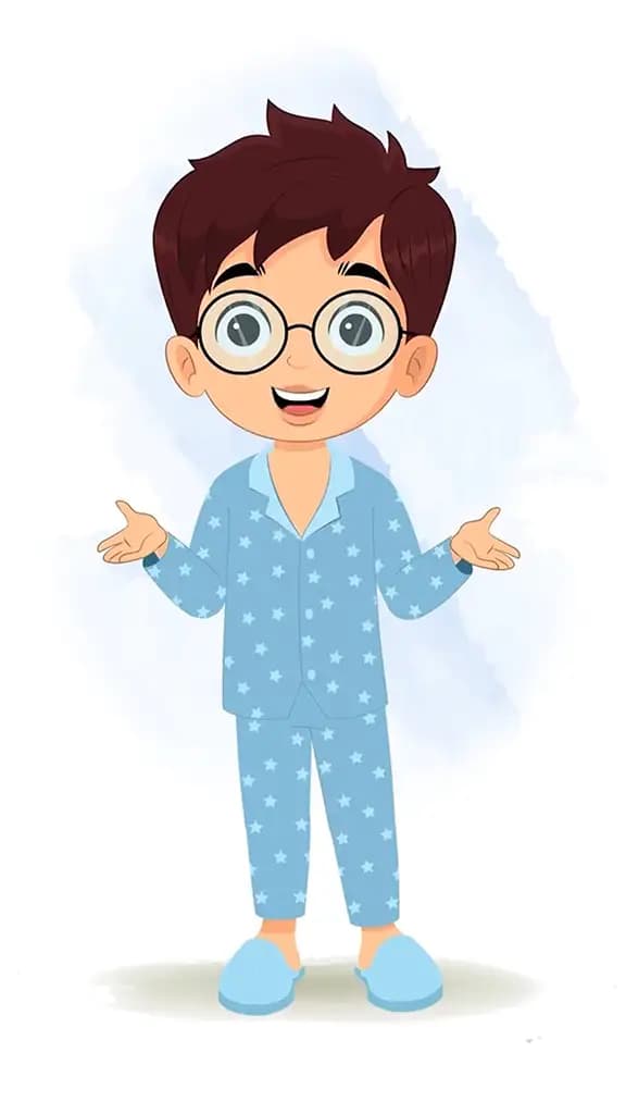 A boy in night dress talking animated cartoon character aka harry