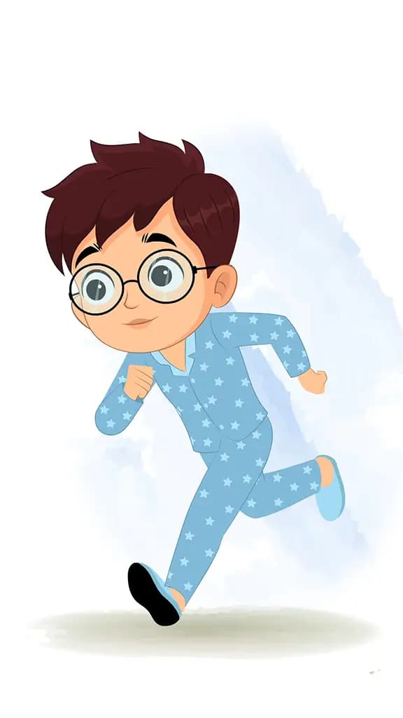 A boy in night dress running three quarter view animated cartoon character. A 3/4 three quater view running cartoon aka harry 3/4