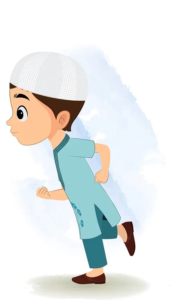 A cute muslim boy running fast side view animated cartoon character aka bittu