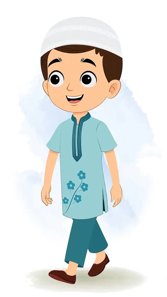 A cute muslim boy 3/4 front view/three quarter view walking animated cartoon character aka bittu 3/4