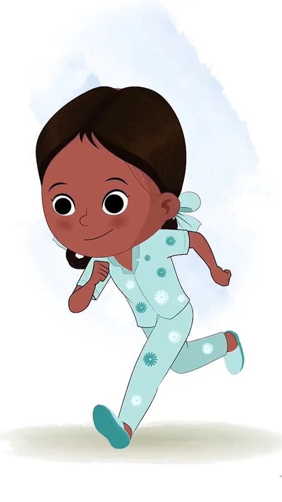 A little Indian girl running three quarter view animated cartoon character aka kaya 3/4