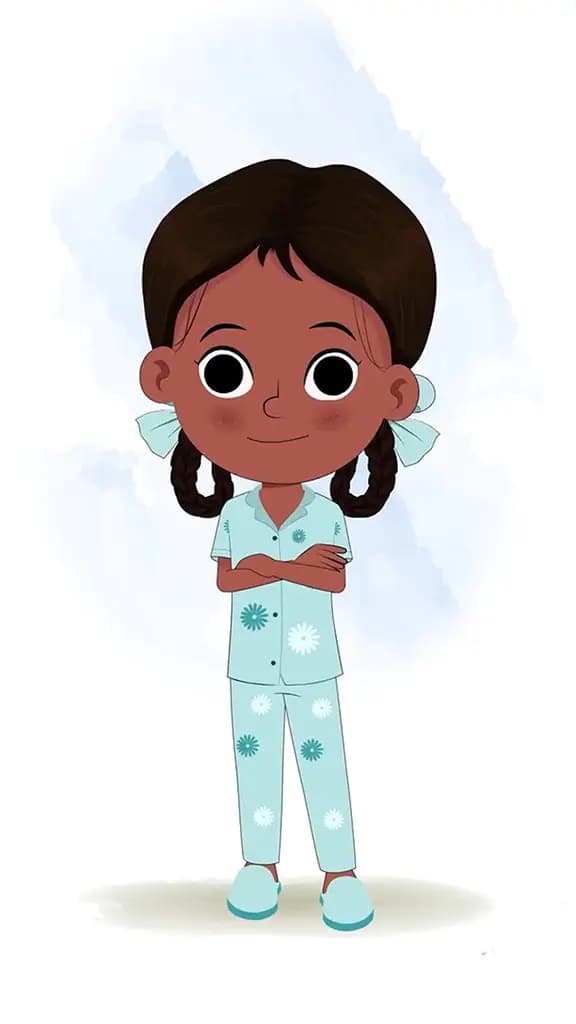 A little Indian girl standing with cross hand and talking animated cartoon character aka kaya