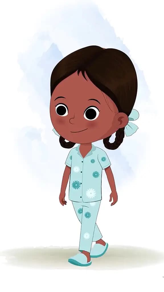 A little Indian girl 3/4 front view/three quarter view walking animated cartoon character aka kaya 3/4