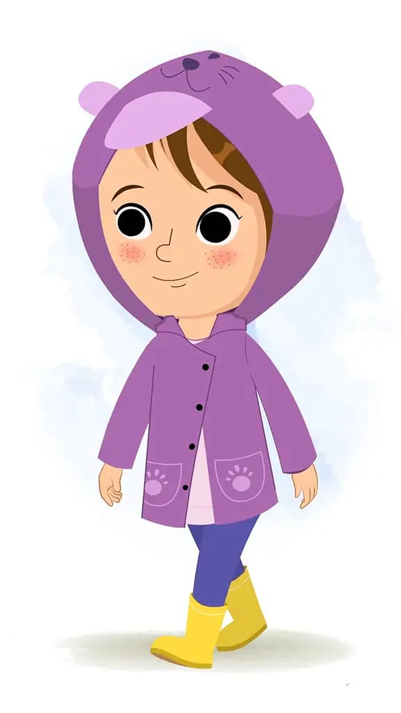 A cute girl 3/4 front view/three quarter view walking animated cartoon character aka riru 3/4