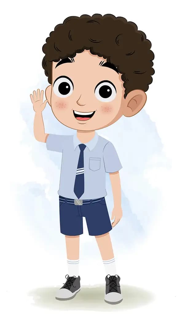 A curly hair school boy saying hello animated cartoon character aka sachin