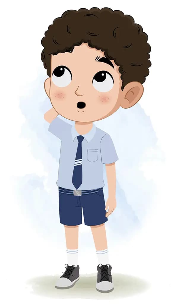 A curly hair confused school boy animated cartoon character aka sachin 3/4