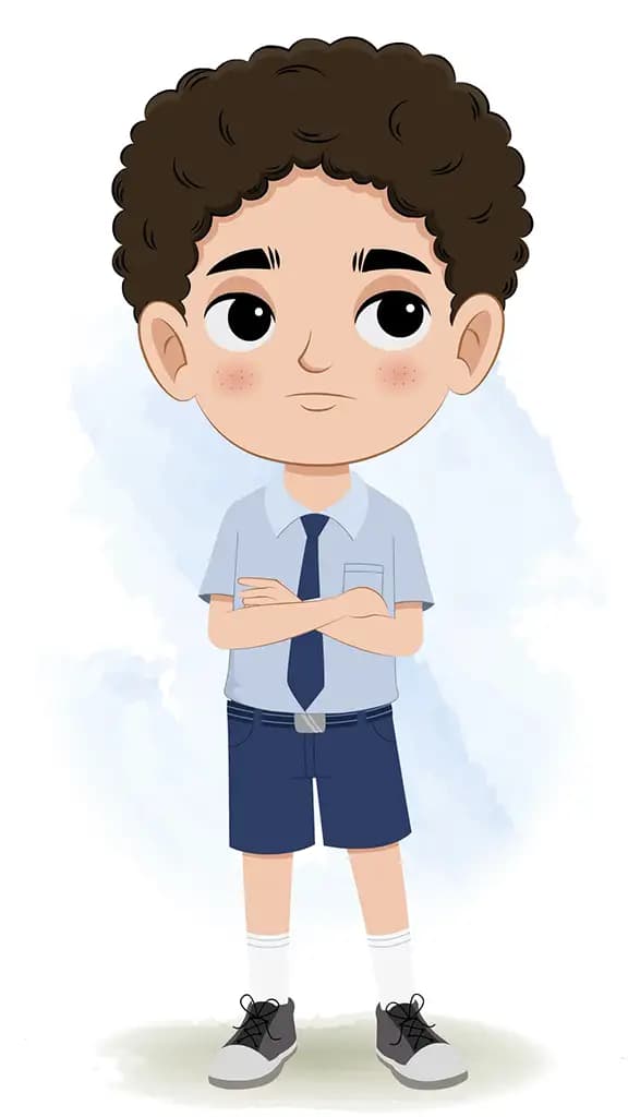 A curly hair annoyed school boy animated cartoon character aka sachin