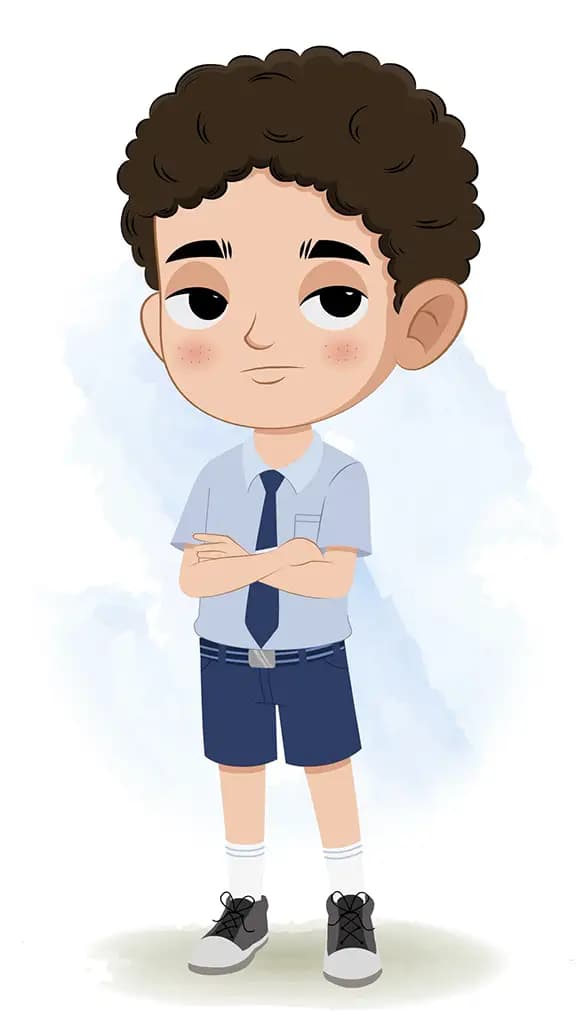 A curly hair annoyed school boy animated cartoon character aka sachin 3/4