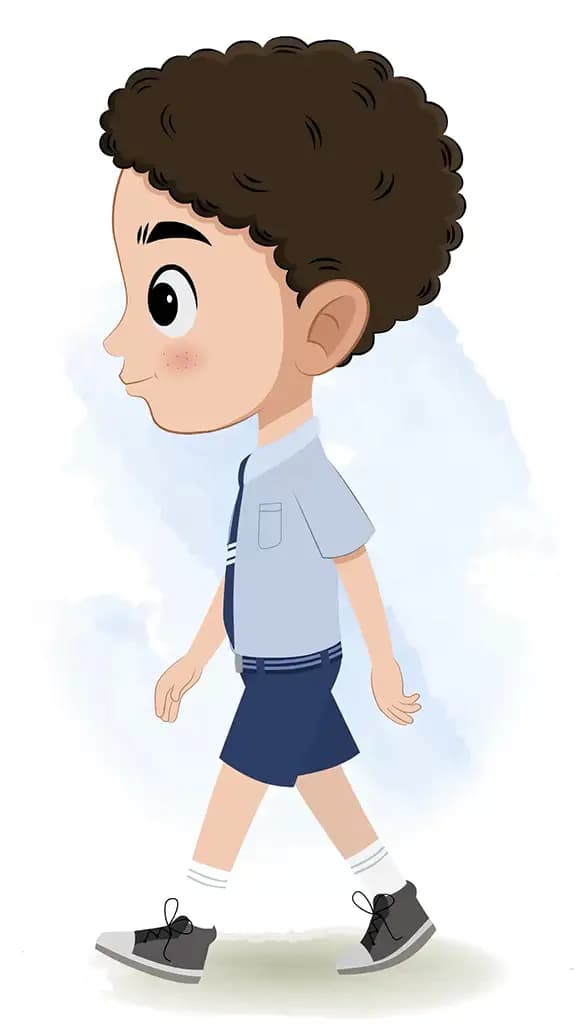 A curly hair school boy walking side view animated cartoon character aka sachin