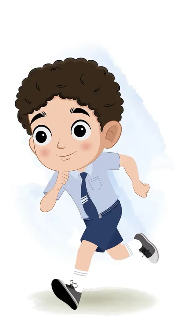 A curly hair school boy running three quarter view animated cartoon character aka sachin 3/4