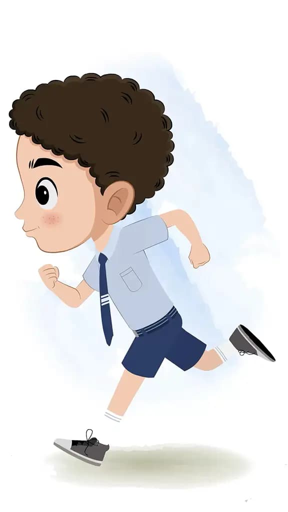 A curly hair school boy running fast side view animated cartoon character aka sachin