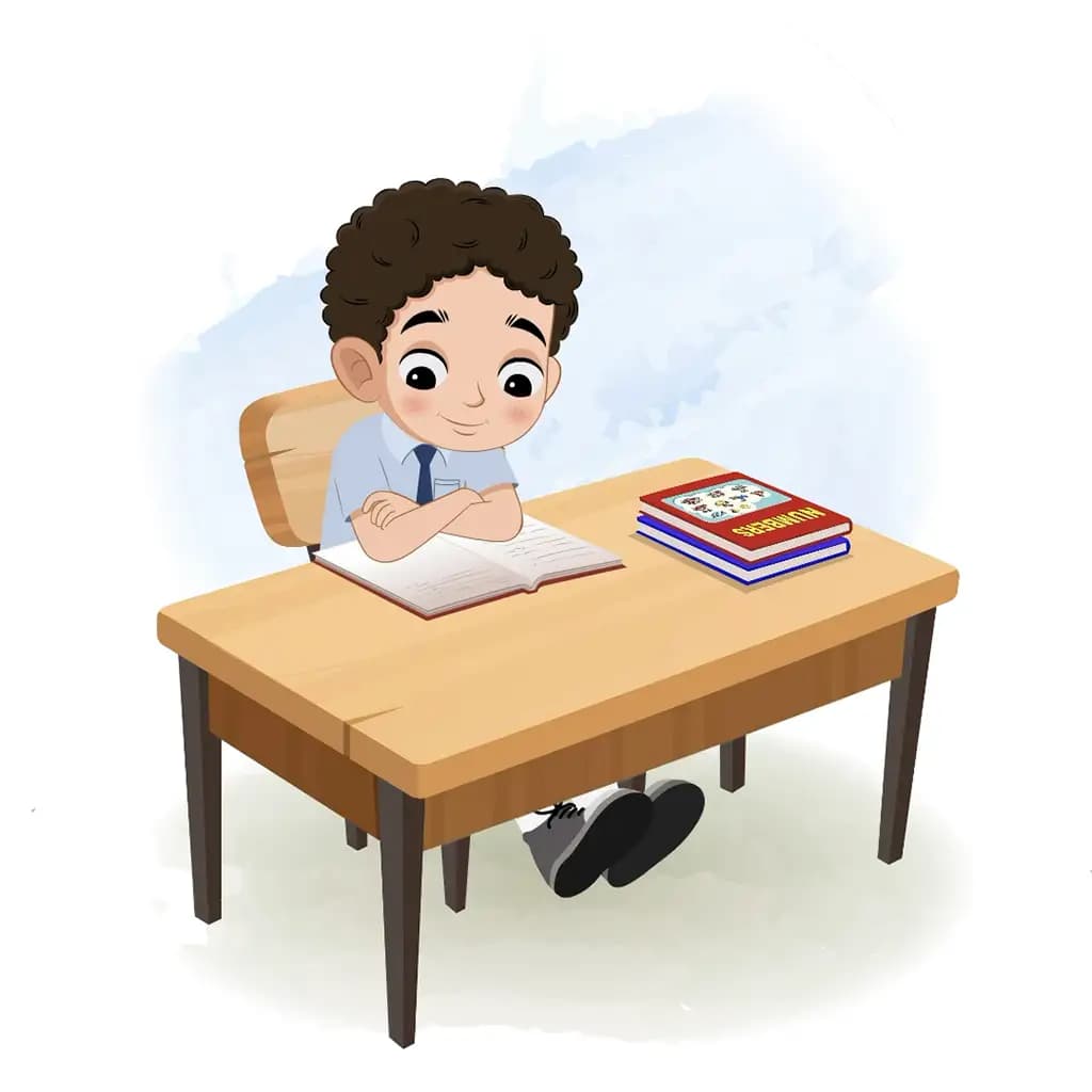 A curly hair school boy reading a book and sitting on the table animated cartoon character aka sachin