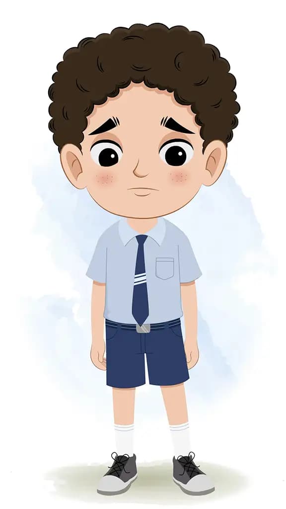 A curly hair school boy sad animated cartoon character aka sachin