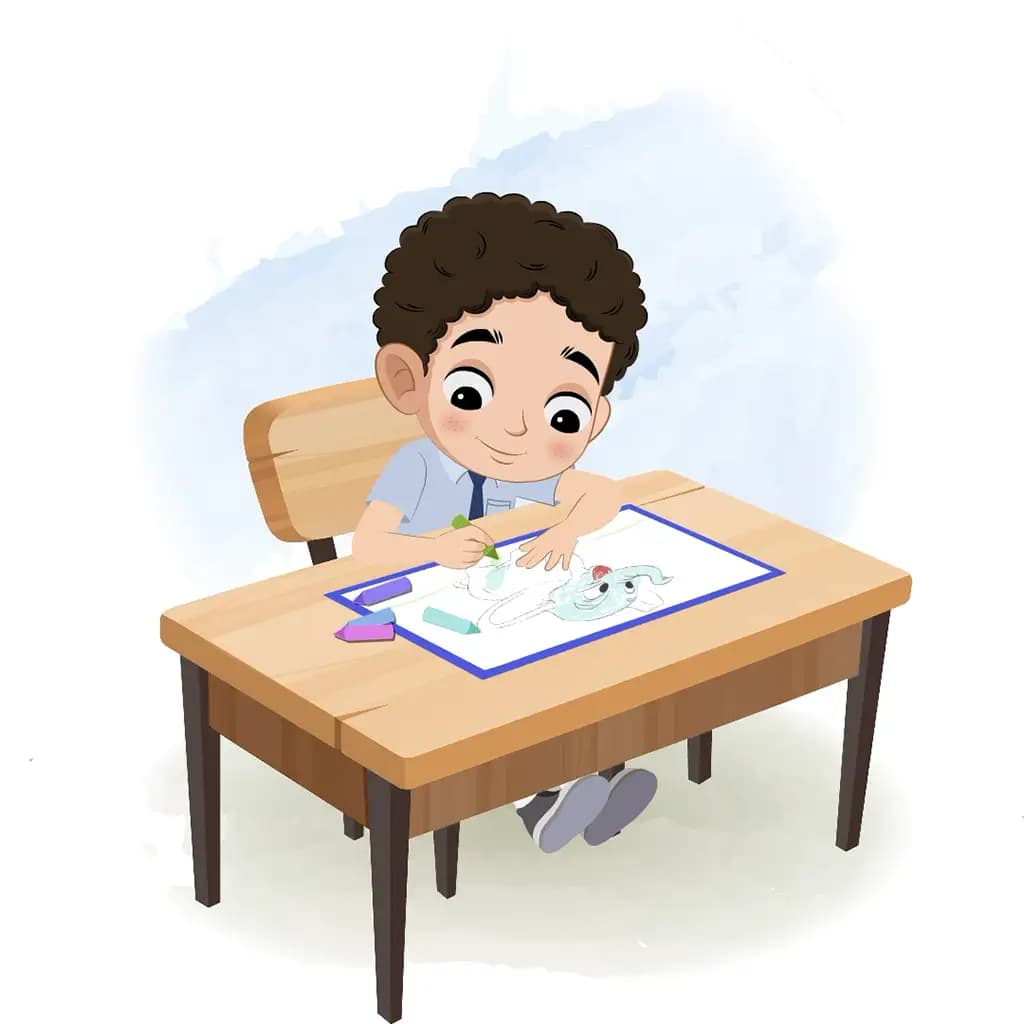 A curly hair school boy is sitting at a table with some crayons and colouring on the paper aka sachin