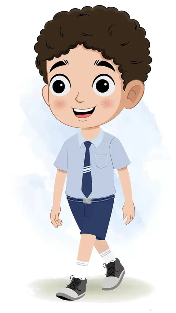 A curly hair school boy 3/4 front view/three quarter view walking animated cartoon character aka sachin