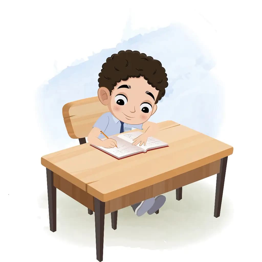 A curly hair school boy doing homework and sitting on the table animated cartoon character aka sachin