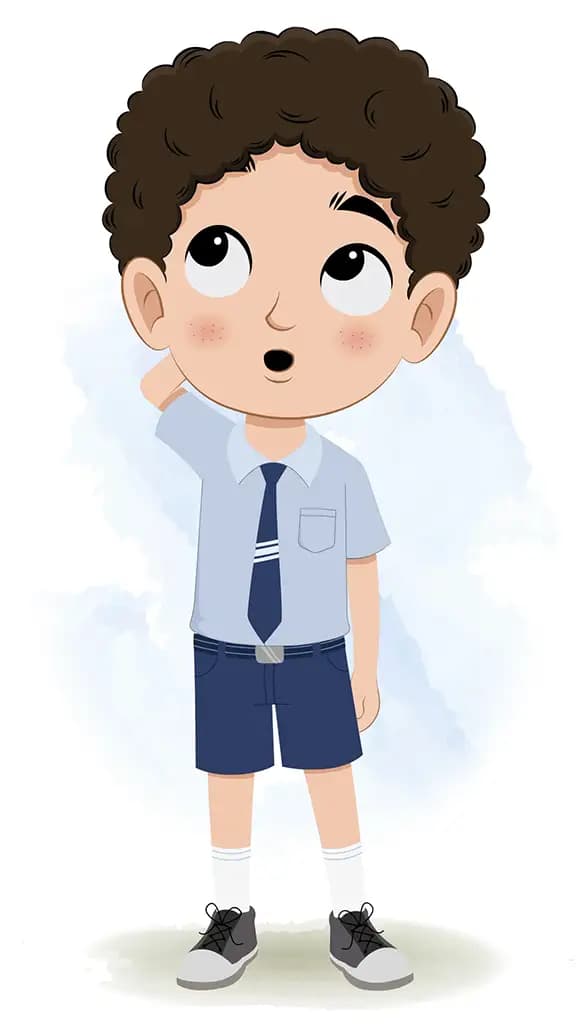 A curly hair confused school boy animated cartoon character aka sachin
