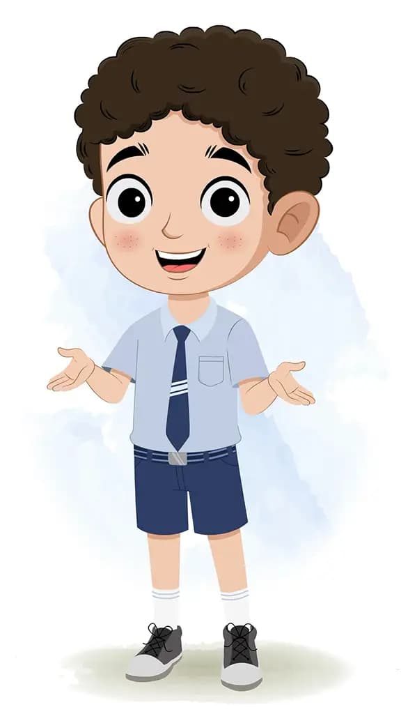 A curly hair school boy talking animated cartoon character aka sachin 3/4