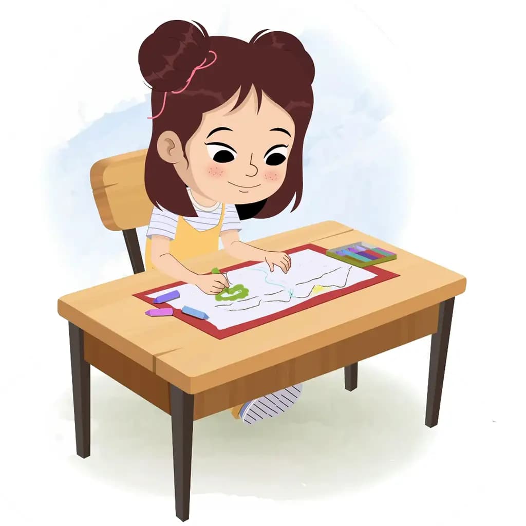 A prettiest girl is sitting at a table with some crayons and coloring on the paper aka jill