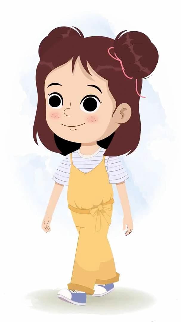 A prettiest girl 3/4 front view/three quarter view walking animated cartoon character aka jill