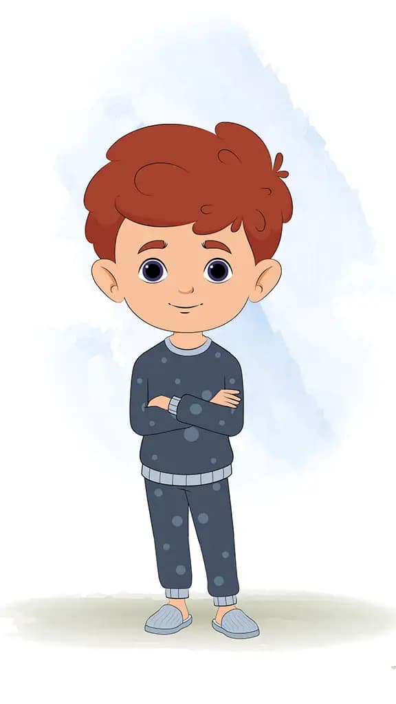 A little red hair boy standing with cross hand and talking animated cartoon character aka sunny