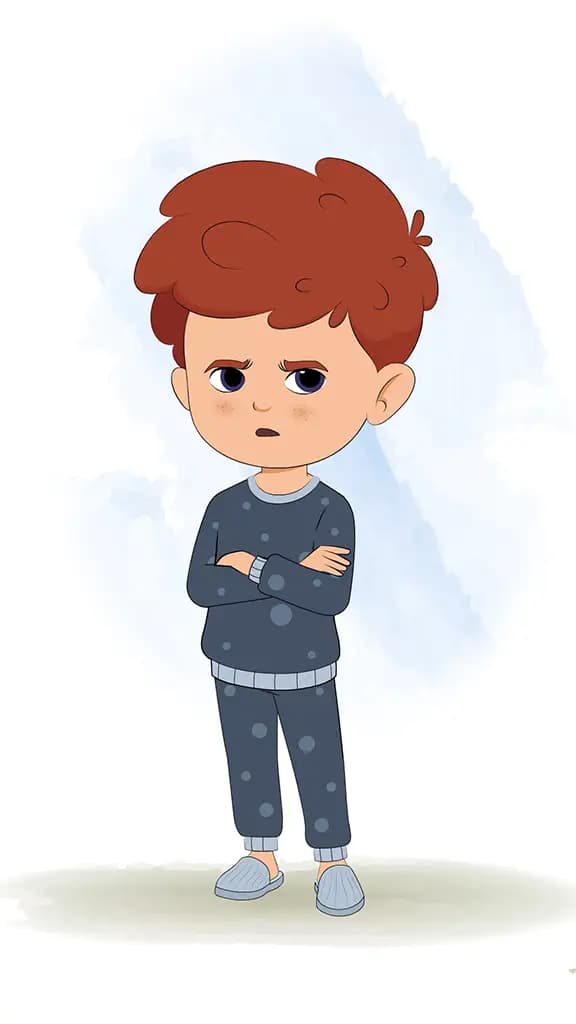 An annoyed little red hair boy animated cartoon character aka sunny 3/4