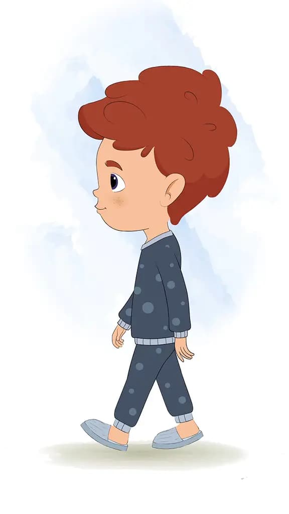 A little red hair boy walking side view animated cartoon character aka sunny