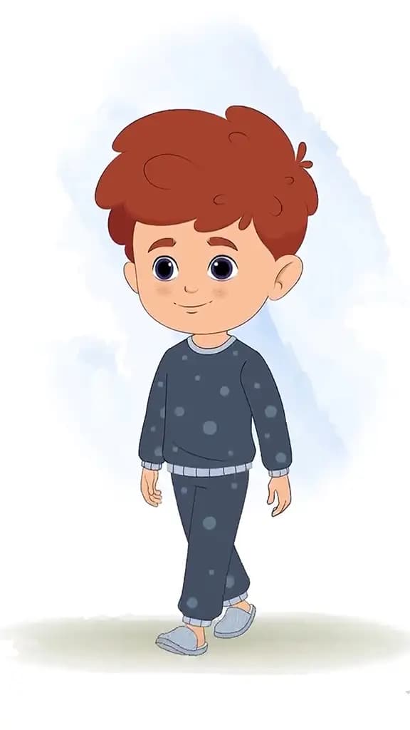 A little red hair boy 3/4 front view/three quarter view walking animated cartoon character aka sunny 3/4