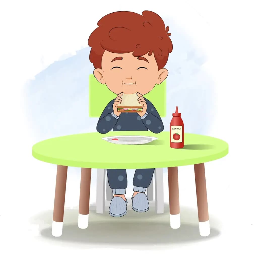 A little red hair boy animated cartoon character sitting at a table and eating a sandwich aka sunny