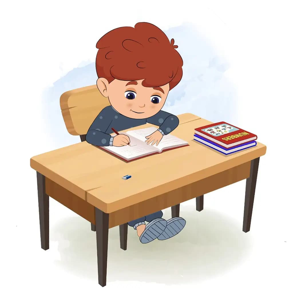 A little red hair boy doing homework and sitting on the table animated cartoon character aka sunny