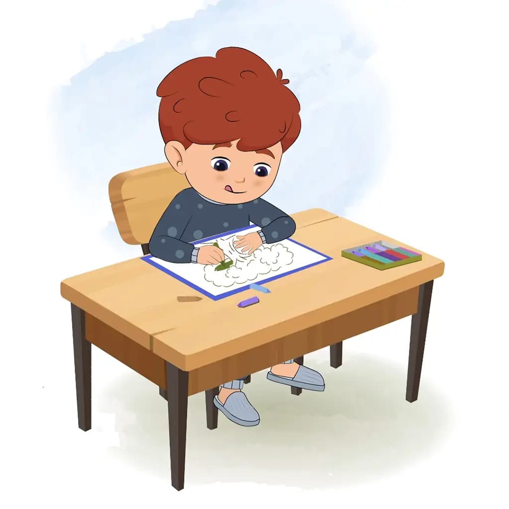 A little red hair boy is sitting at a table with some crayons and colouring on the paper aka sunny