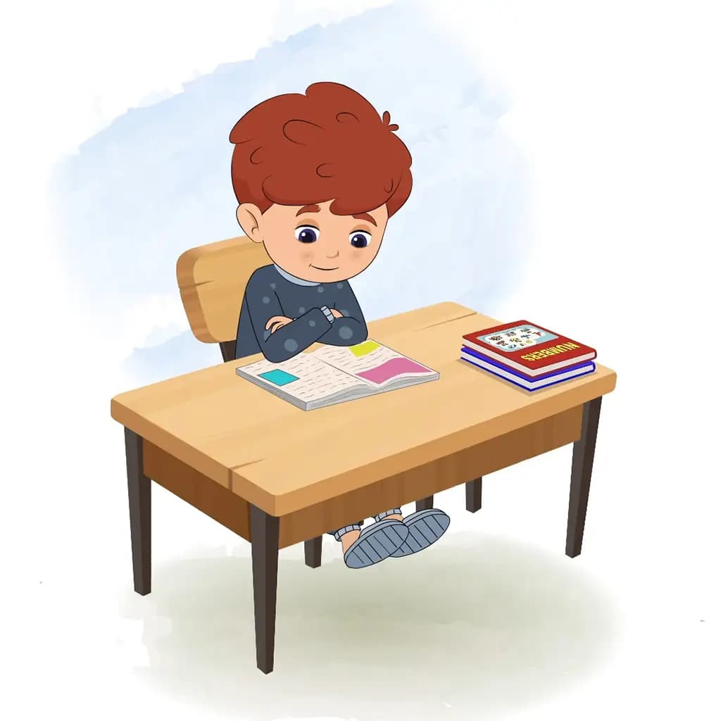 A little red hair boy reading a book and sitting on the table animated cartoon character aka sunny
