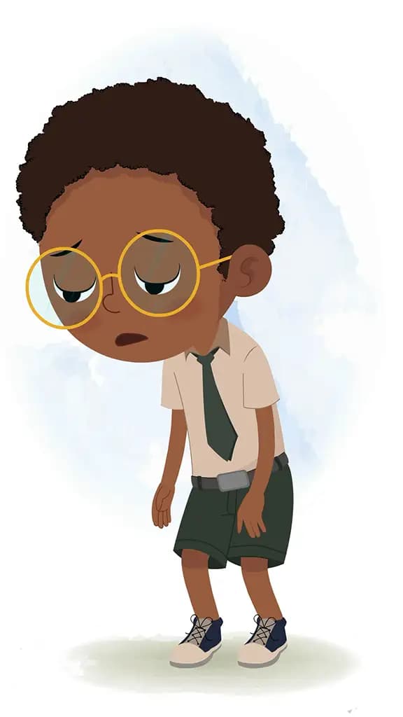 An African tired school boy animated cartoon character aka shree 3/4