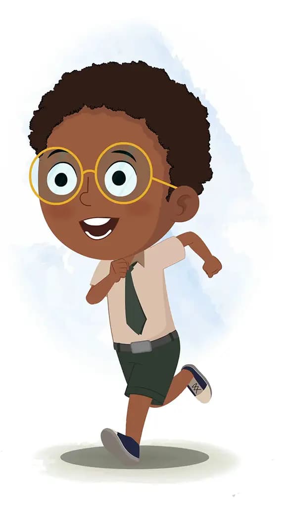 A african school running three quarter view animated cartoon character aka shree