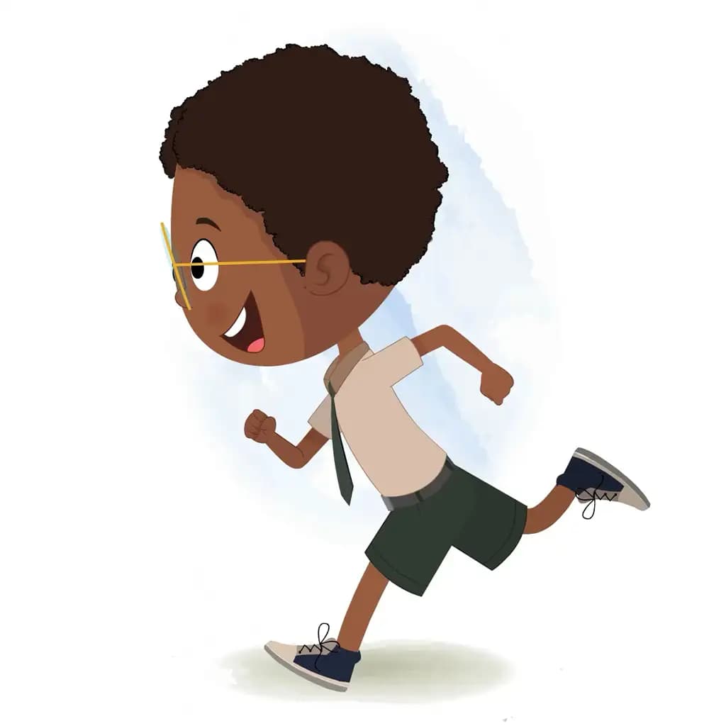 An african school running fast side view animated cartoon character aka shree