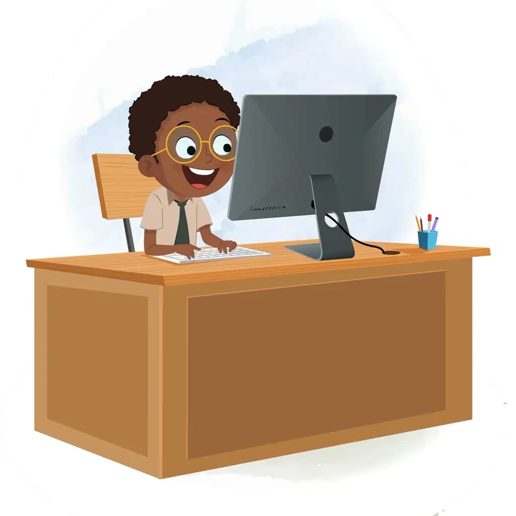 An african school boy animated cartoon character working on auter computer aka shree