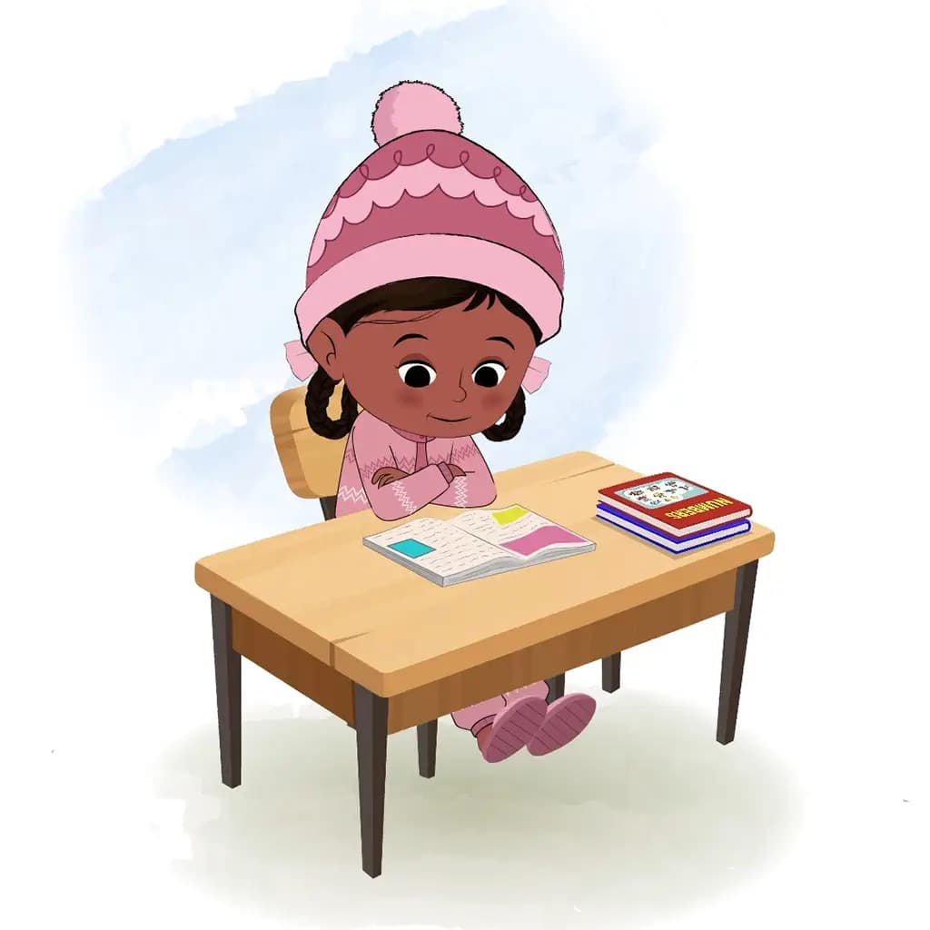 A cute girl reading a book and sitting on the table animated cartoon character aka tara