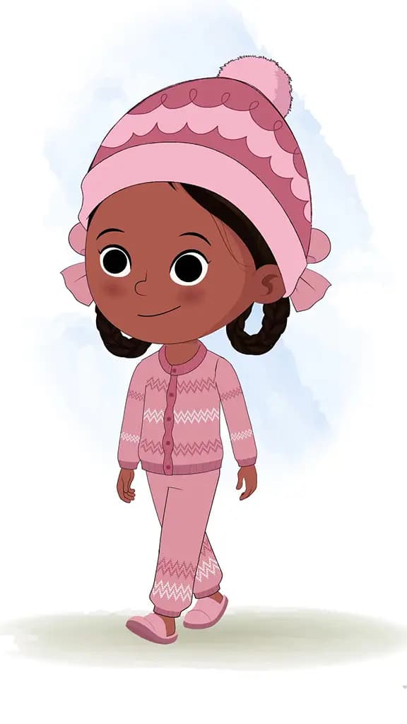 A cute girl 3/4 front view/three quarter view walking animated cartoon character aka tara 3/4