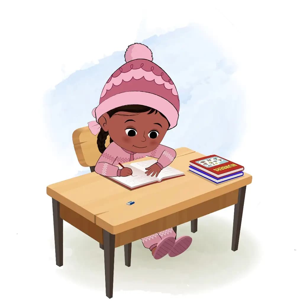 A cute girl doing homework and sitting on the table animated cartoon character aka tara