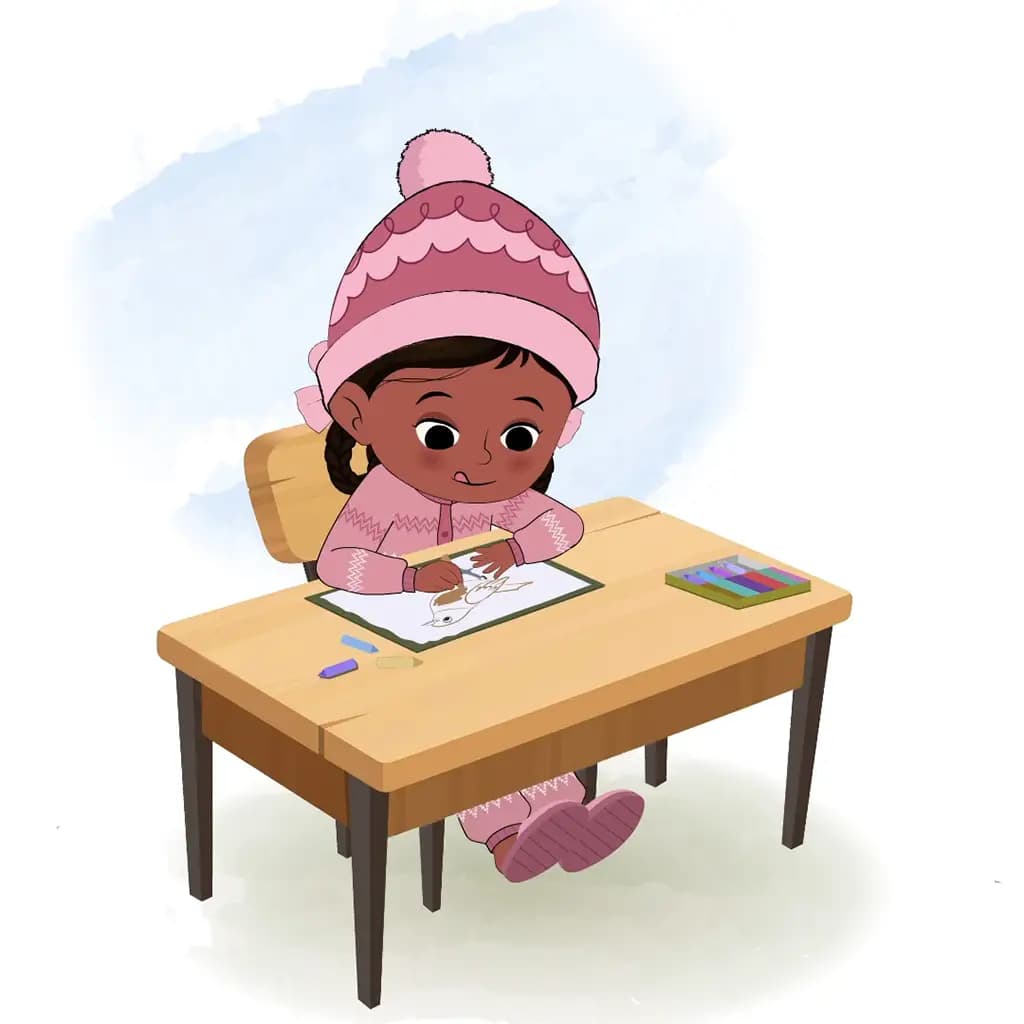 A cute girl is sitting at a table with some crayons and coloring on the paper aka tara