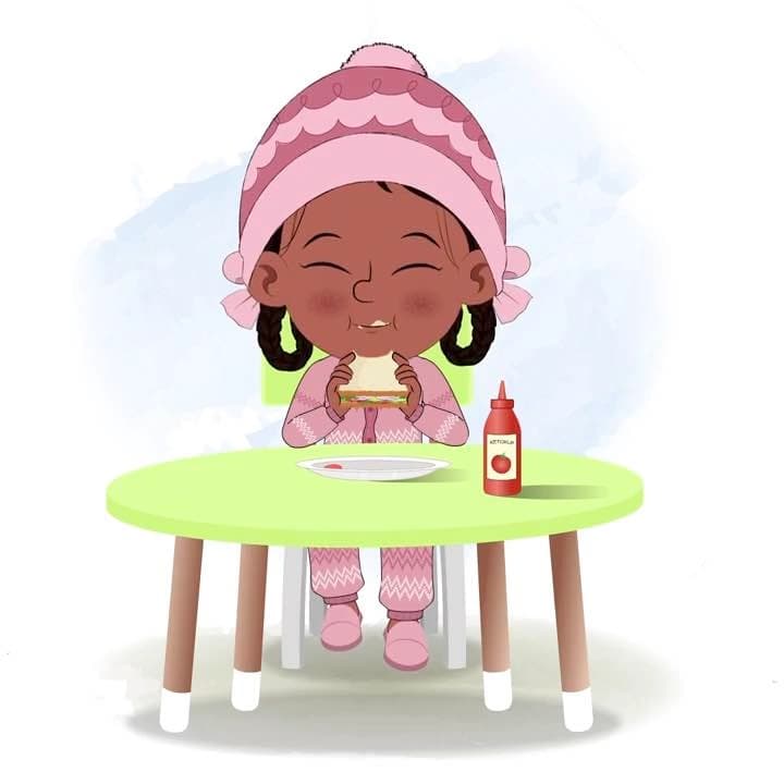 A cute girl animated cartoon character sitting at a table and eating a sandwich aka tara